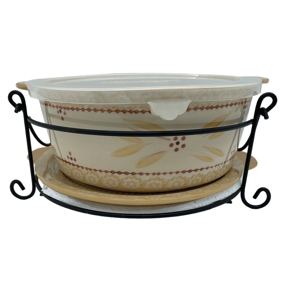 Temptations Old World 4Pc 2 Qt Round Casserole Dish Lid, Frame,‎ Trivet, New